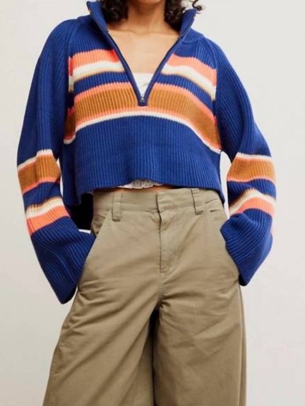 Free People Greta Striped Half Zip Ribbed Sweater Size Large